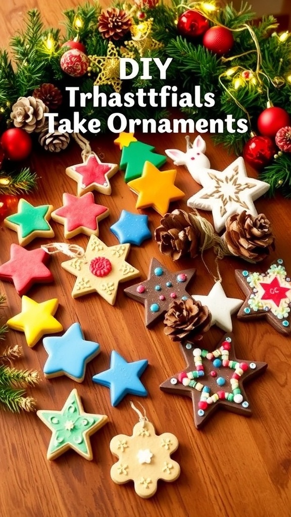 A collection of DIY Christmas ornaments including salt dough, pine cones, and beaded designs on a festive table.